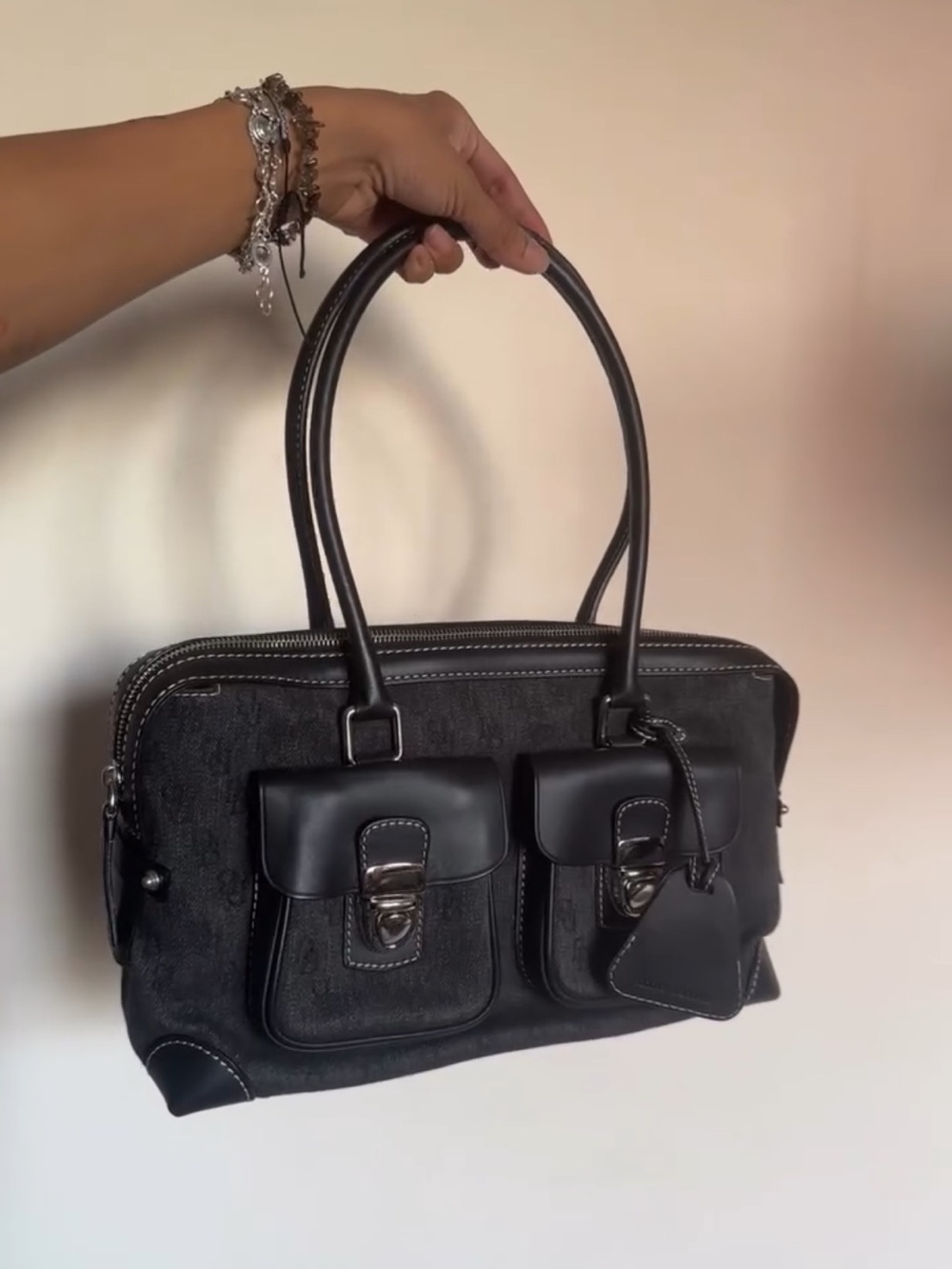 Dooney & Bourke Black Canvas and Leather Double Front Pocket Satchel